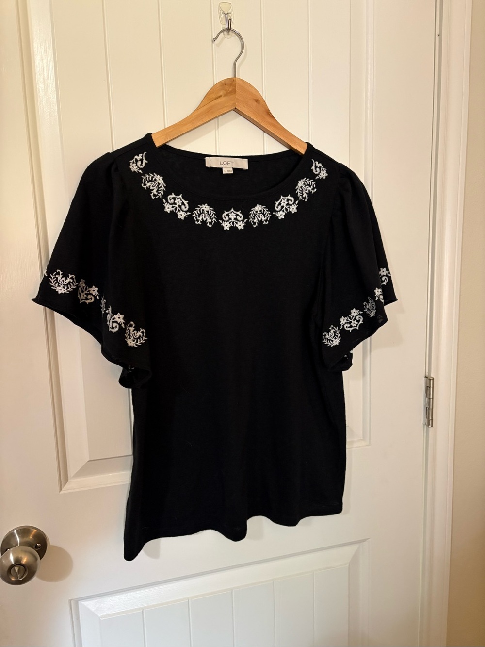LOFT Black Short Flutter Sleeve Top with White Embroidery